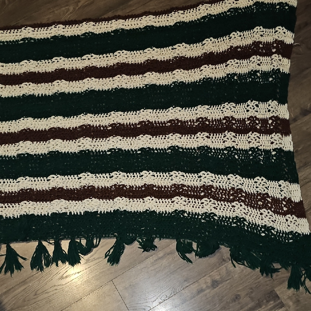 VINTAGE 60'S Striped Crochet Throw Blanket Green Brown Cream RETRO MCM Home